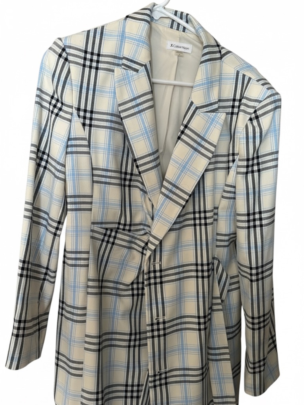 Calvin Klein Long Sleeve Cream Plaid Blazer Dress - Blue and Black